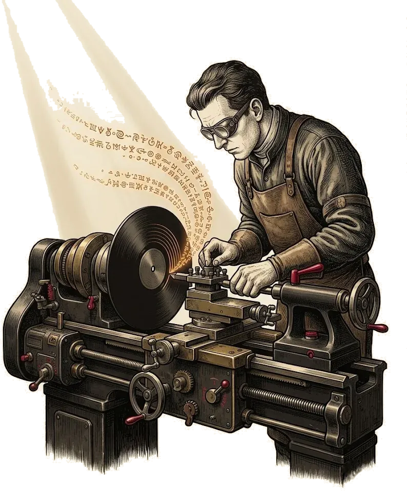 A composer cutting a groove at the lathe